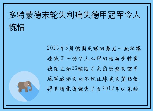 多特蒙德末轮失利痛失德甲冠军令人惋惜